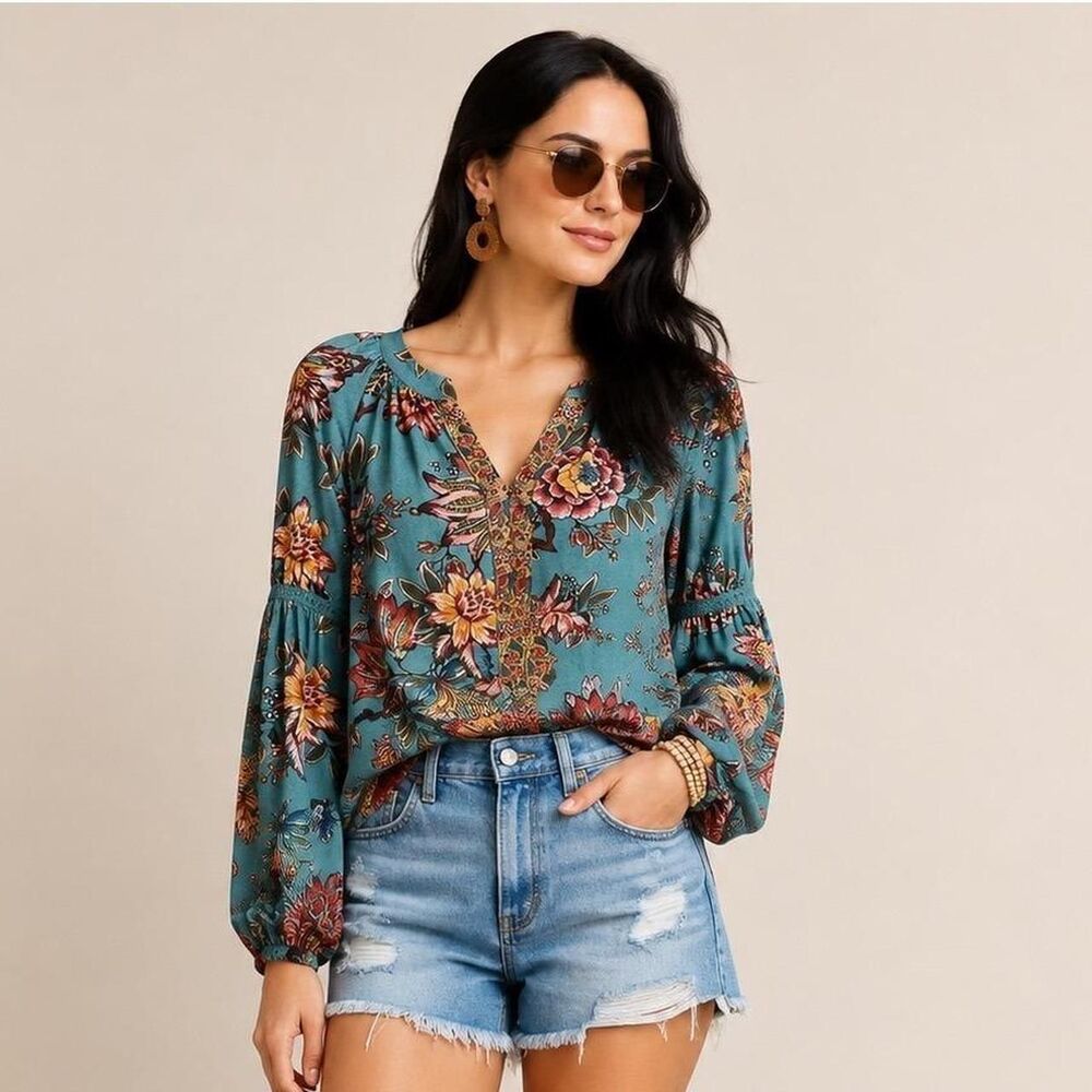 Farm Rio for Anthropologie Teal Floral Bishop Sleeve V-Neck Blouse Size S